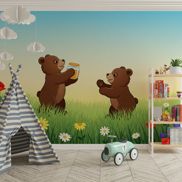 Kids' Room Wallpaper | Playful Bear Cubs in a Flower Field