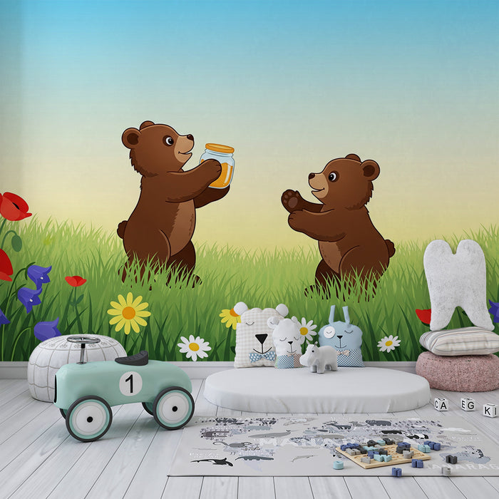 Kids' Room Wallpaper | Playful Bear Cubs in a Flower Field