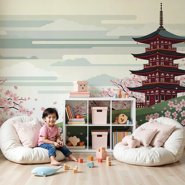 Papel de parede para quarto infantil | Pagode japonesa rodeada de cerejeiras em flor