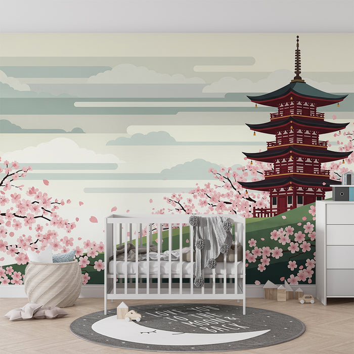Papel de parede para quarto infantil | Pagode japonesa rodeada de cerejeiras em flor