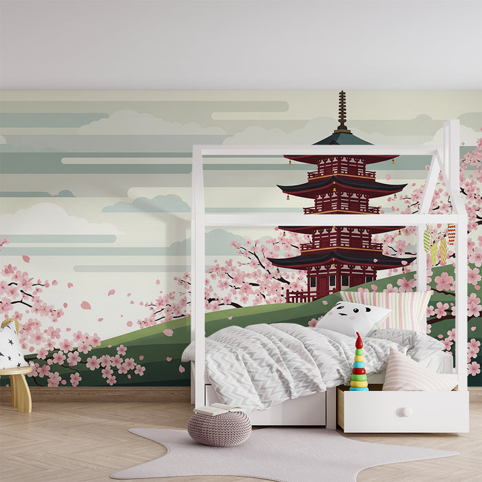 Papel de parede para quarto infantil | Pagode japonesa rodeada de cerejeiras em flor