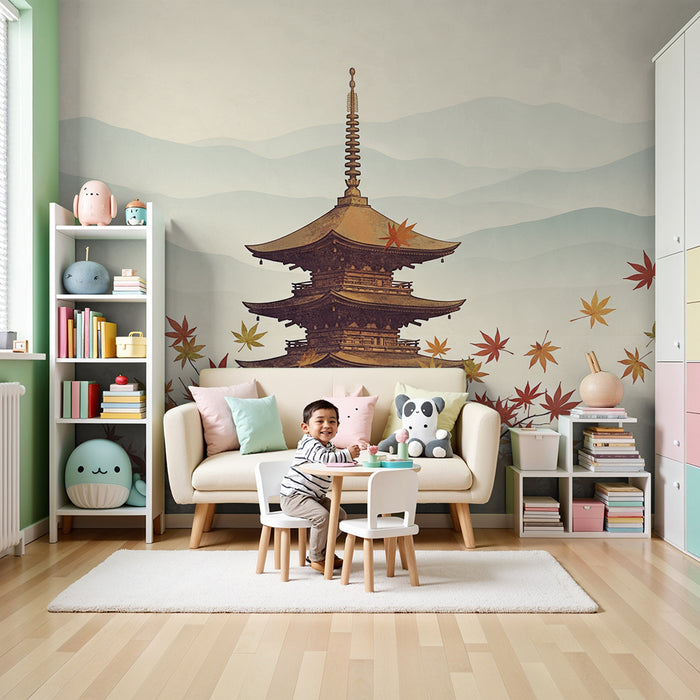 Papier peint chambre enfant | Pagode japonaise entourée de feuilles d'érable