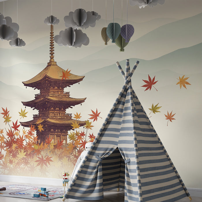 Papier peint chambre enfant | Pagode japonaise entourée de feuilles d'érable
