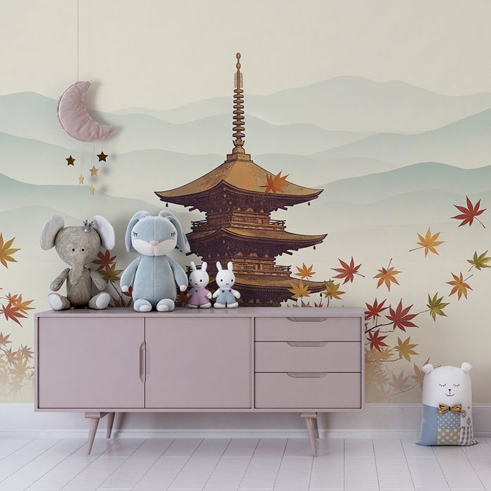 Papier peint chambre enfant | Pagode japonaise entourée de feuilles d'érable
