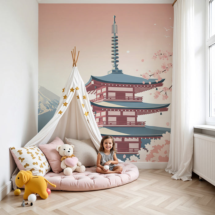 Behang kinderkamer | Japanse pagode en bloeiende kersenbomen voor de berg Fuji