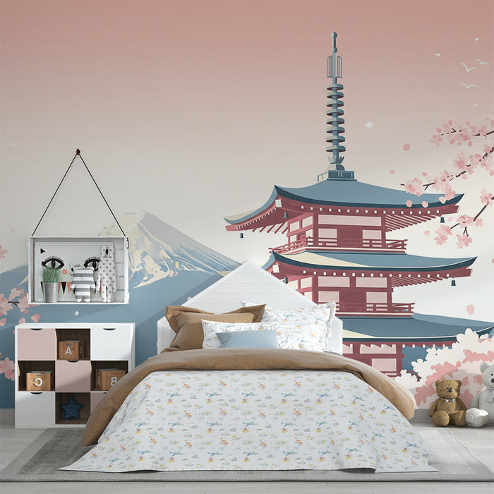 Behang kinderkamer | Japanse pagode en bloeiende kersenbomen voor de berg Fuji