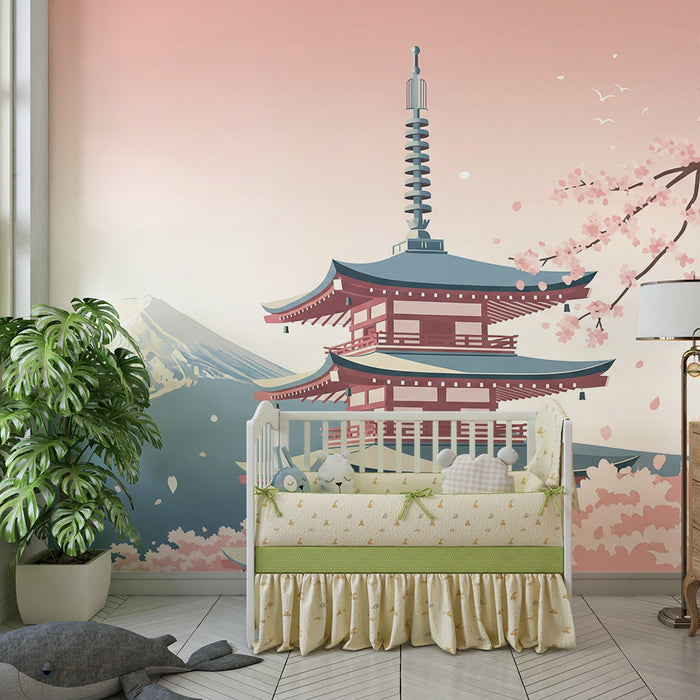 Behang kinderkamer | Japanse pagode en bloeiende kersenbomen voor de berg Fuji