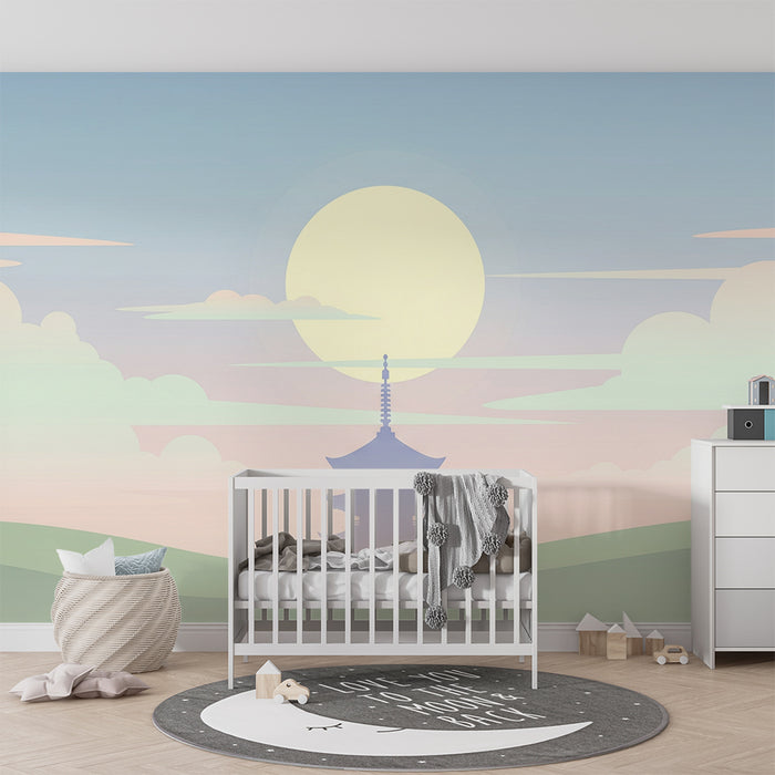 Kids room wallpaper | Peaceful pagoda under a pastel sky