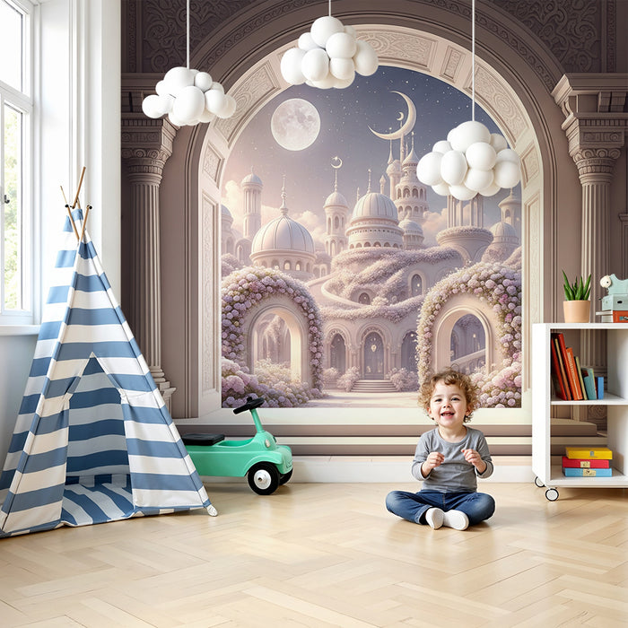 Papel de parede para quarto infantil | Palácio encantado sob o luar com flores delicadas