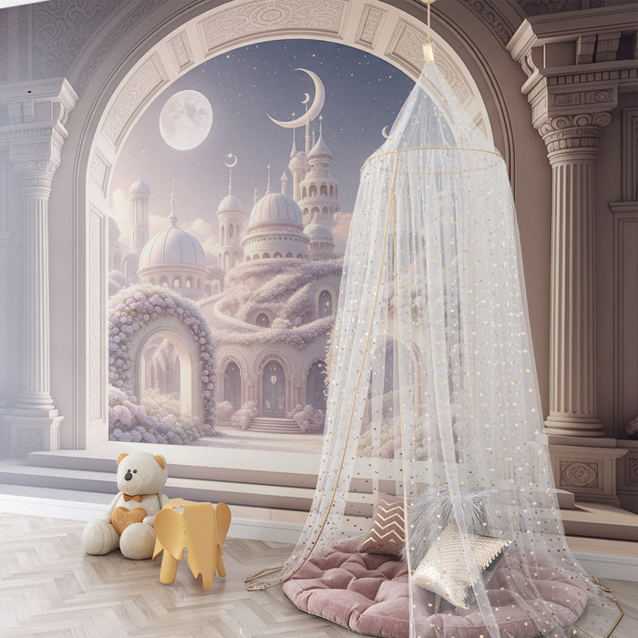 Papel de parede para quarto infantil | Palácio encantado sob o luar com flores delicadas