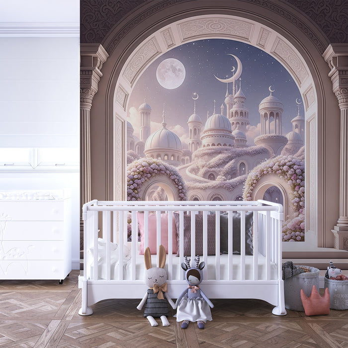 Papel de parede para quarto infantil | Palácio encantado sob o luar com flores delicadas