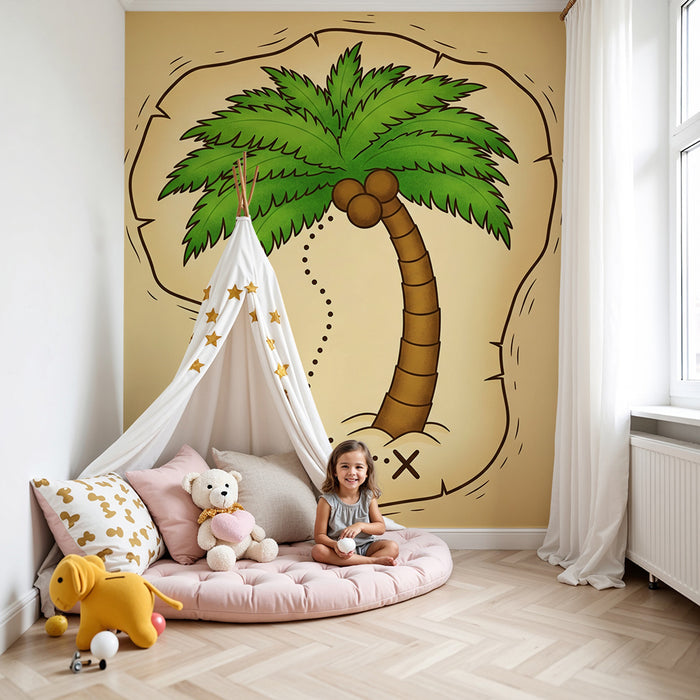 Tapet pentru cameră copii | Palmier tropical pe fundal de hartă a comorii