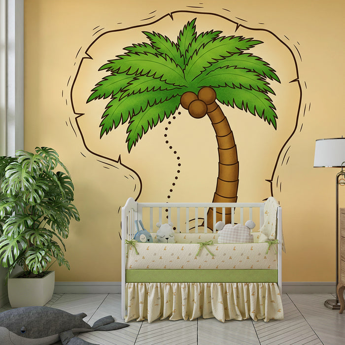Tapet pentru cameră copii | Palmier tropical pe fundal de hartă a comorii