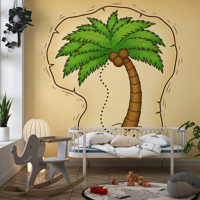 Tapet pentru cameră copii | Palmier tropical pe fundal de hartă a comorii