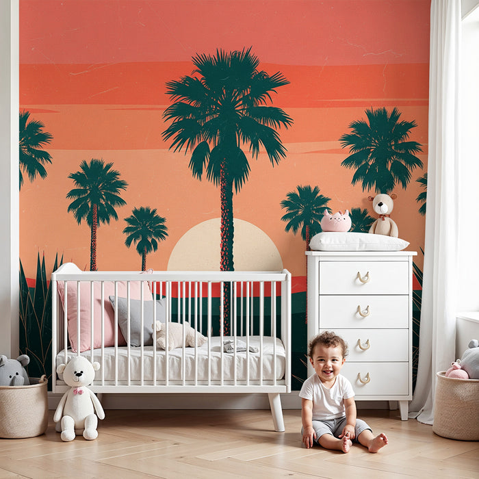 Papel pintado infantil | Palmeras al atardecer en un paisaje tropical