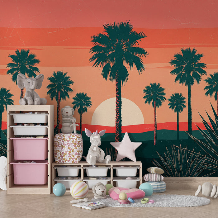 Papel pintado infantil | Palmeras al atardecer en un paisaje tropical