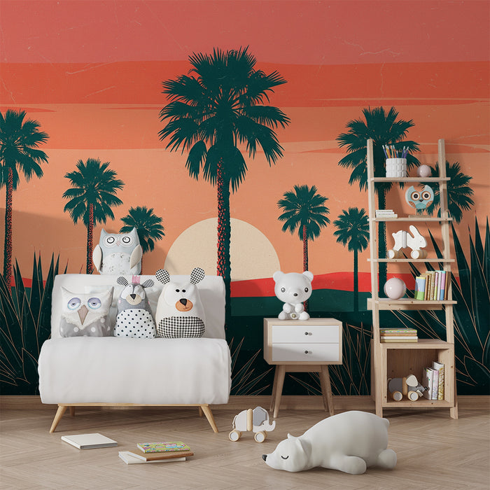 Papel pintado infantil | Palmeras al atardecer en un paisaje tropical