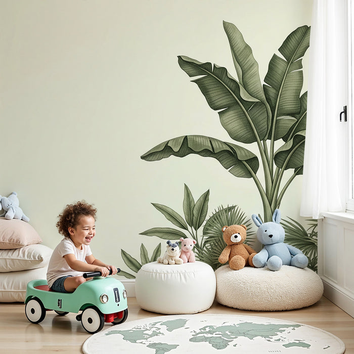 Papel pintado infantil | Palmeras y follaje tropical sobre fondo suave