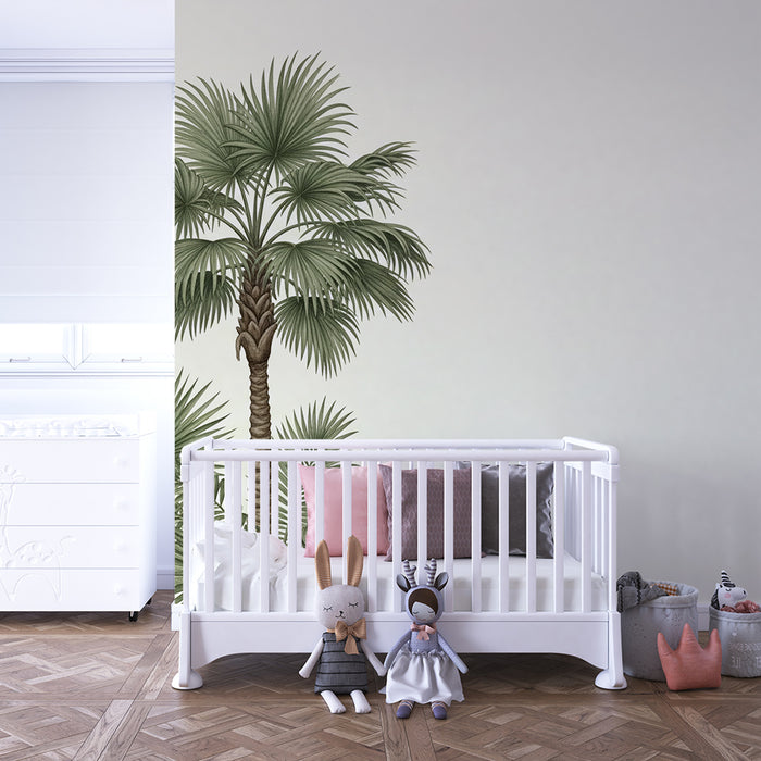 Papel pintado infantil | Palmeras y follaje tropical sobre fondo suave
