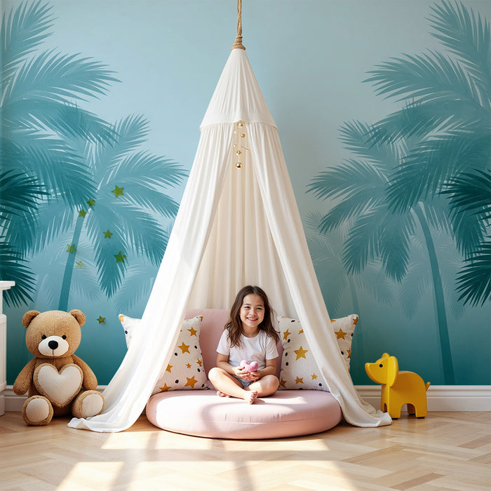 Kinderkamer behang | Majestueuze palmbomen in een rustgevende mist