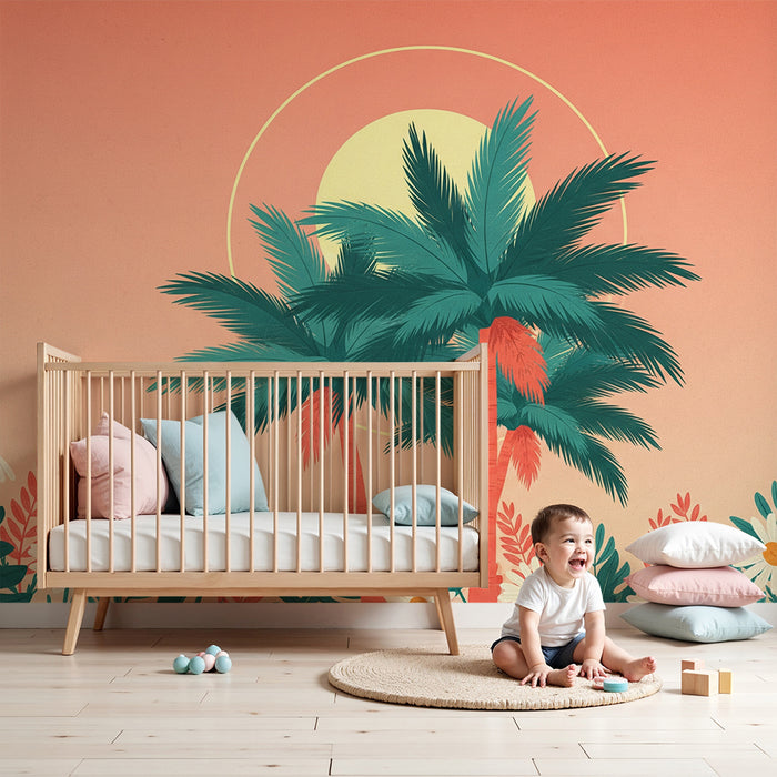Kinderzimmer Tapete | Tropische Palmen und bunte Blumen bei Sonnenuntergang