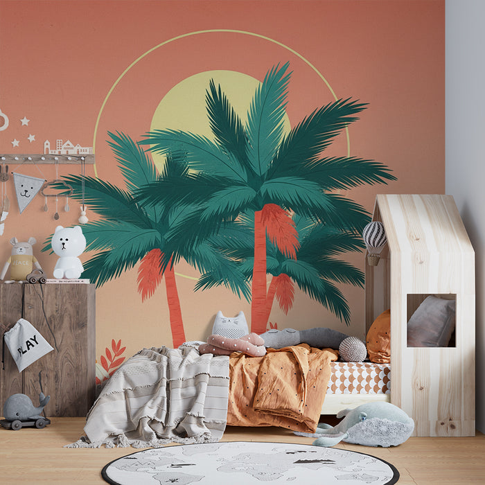 Kinderzimmer Tapete | Tropische Palmen und bunte Blumen bei Sonnenuntergang