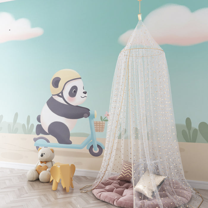 Kids room wallpaper | Panda on a scooter on a great adventure