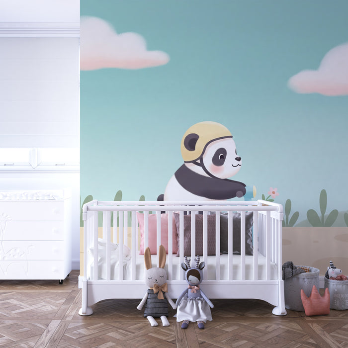 Kids room wallpaper | Panda on a scooter on a great adventure