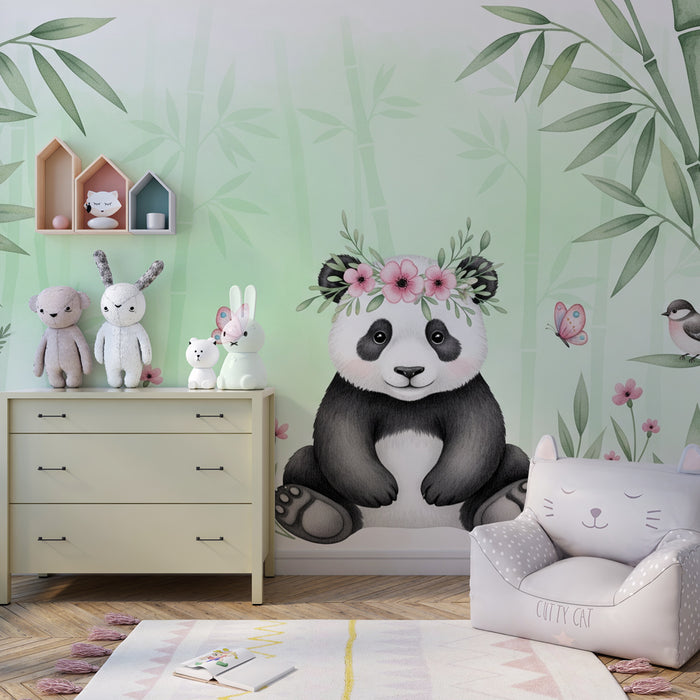 Papier de parede za otroško sobo | Očarljiv panda obkrožen z bambusom in cvetjem