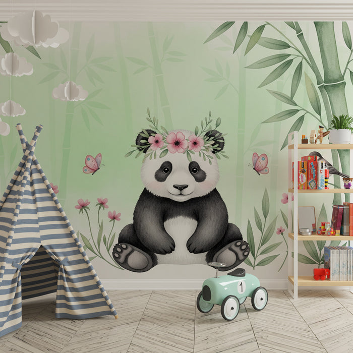 Papier de parede za otroško sobo | Očarljiv panda obkrožen z bambusom in cvetjem
