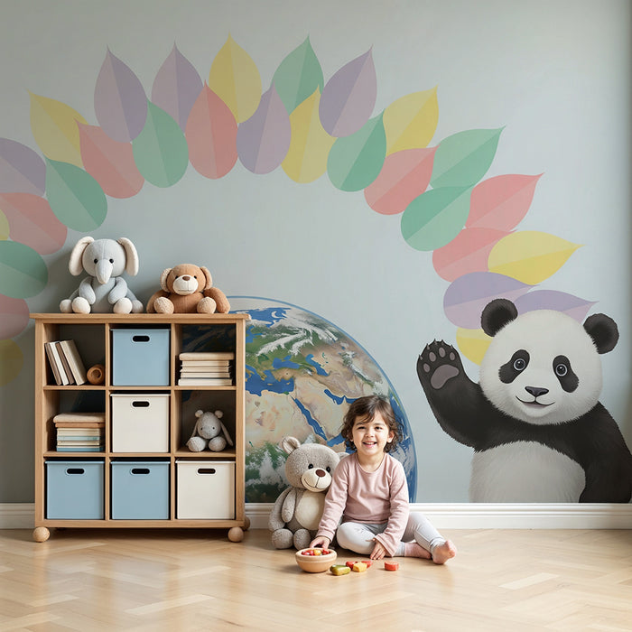 Kinderzimmer Tapete | Freundlicher Panda und bunter Globus