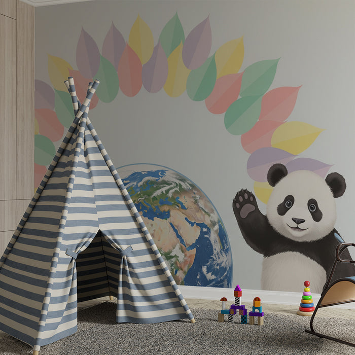 Kinderzimmer Tapete | Freundlicher Panda und bunter Globus