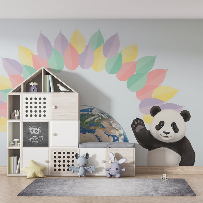 Kinderzimmer Tapete | Freundlicher Panda und bunter Globus