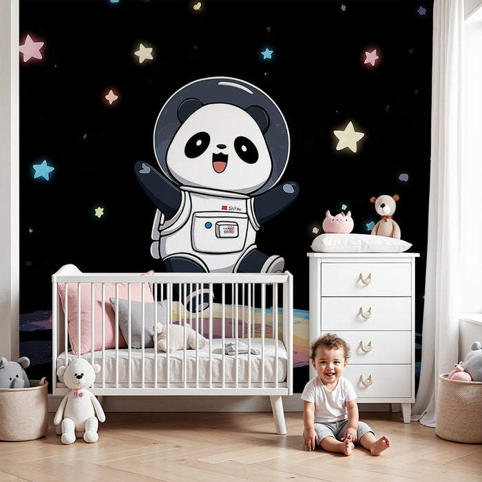 Kinderkamer behang | Panda astronaut in de ruimte met kleurrijke sterren