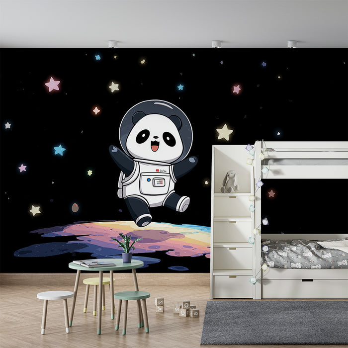 Kinderkamer behang | Panda astronaut in de ruimte met kleurrijke sterren