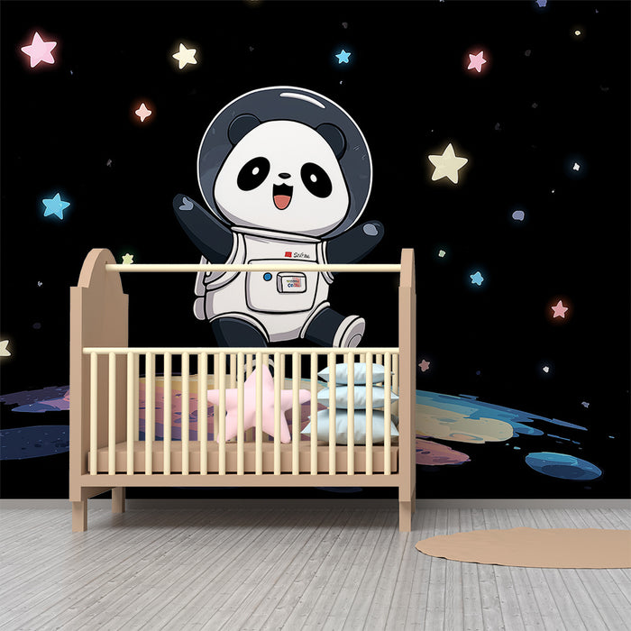 Kinderkamer behang | Panda astronaut in de ruimte met kleurrijke sterren