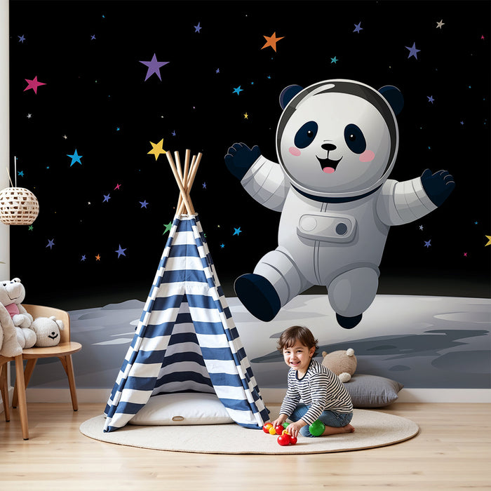Papier peint chambre enfant | Panda astronaute dans l'espace étoilé