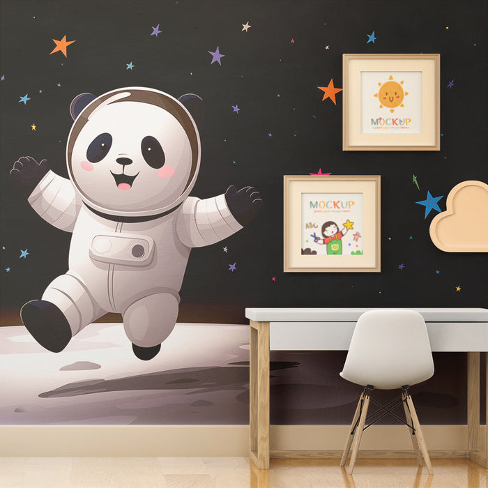 Papier peint chambre enfant | Panda astronaute dans l'espace étoilé