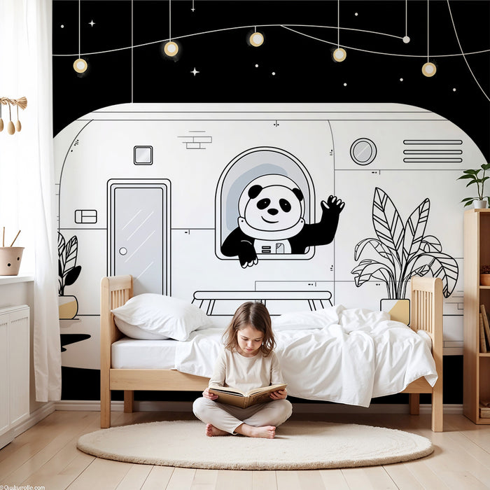 Børneværelse tapet | Panda astronaut i et rumskib under en stjernehimmel