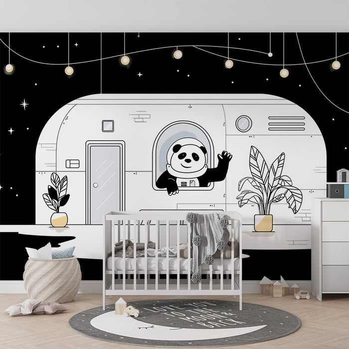 Børneværelse tapet | Panda astronaut i et rumskib under en stjernehimmel