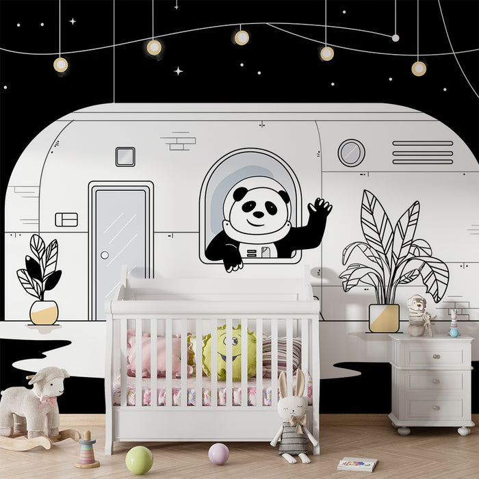 Børneværelse tapet | Panda astronaut i et rumskib under en stjernehimmel