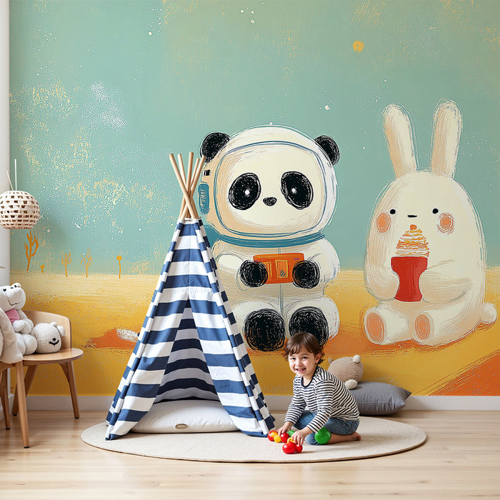 Barntapet | Panda astronaut och kanin på en färgglad planet