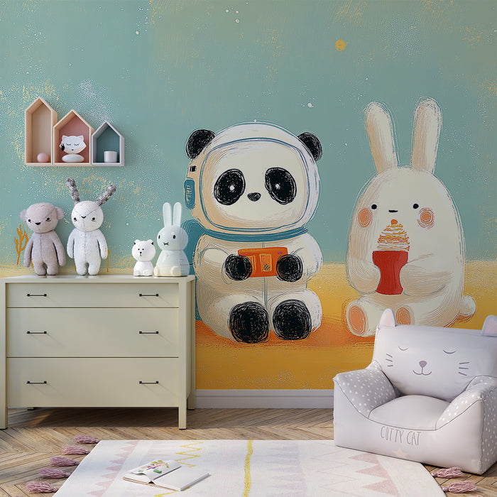 Barntapet | Panda astronaut och kanin på en färgglad planet