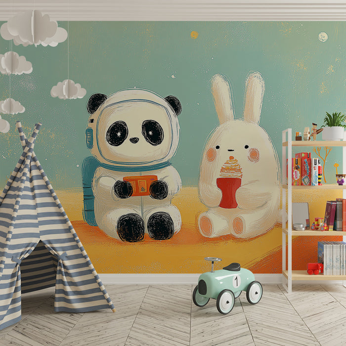 Barntapet | Panda astronaut och kanin på en färgglad planet