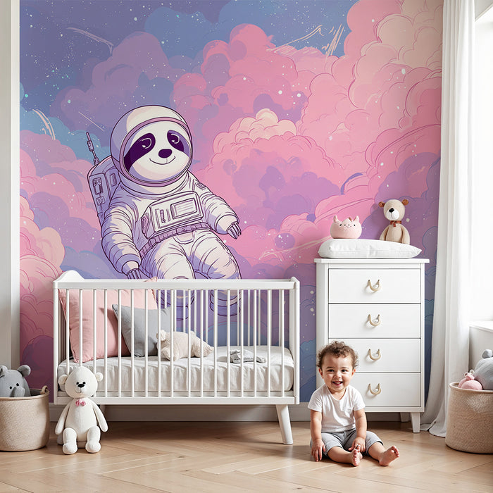 Kinderzimmer Tapete | Panda-Astronaut, der in einem Pastellhimmel schwebt