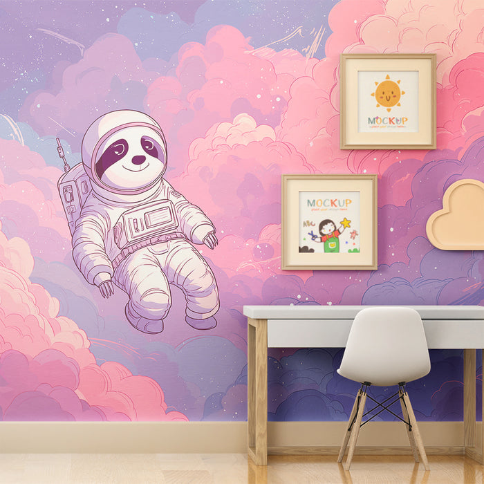 Kinderzimmer Tapete | Panda-Astronaut, der in einem Pastellhimmel schwebt