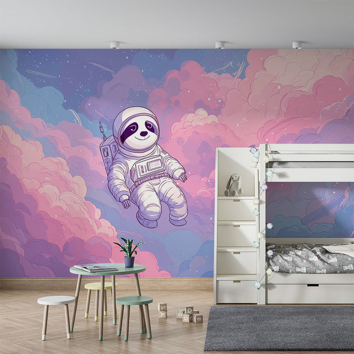 Kinderzimmer Tapete | Panda-Astronaut, der in einem Pastellhimmel schwebt