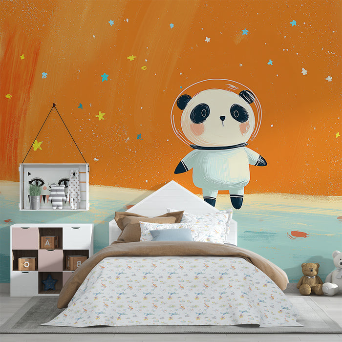 Børneværelse tapet | Panda astronaut på orange stjernemønstret baggrund