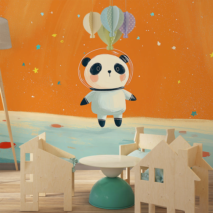 Børneværelse tapet | Panda astronaut på orange stjernemønstret baggrund