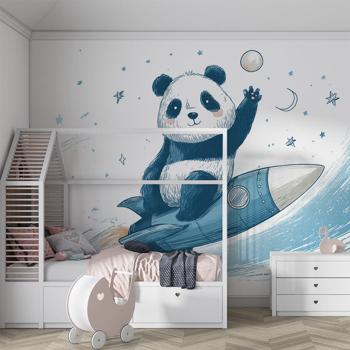 Kinderzimmer Tapete | Panda Astronaut auf einer Rakete im Weltraum